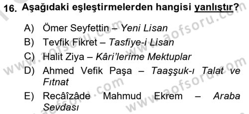 XVI-XIX. Yüzyıllar Türk Dili Dersi 2024 - 2025 Yılı (Final) Dönem Sonu Sınav Soruları 16. Soru