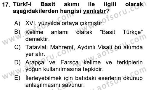 XVI-XIX. Yüzyıllar Türk Dili Dersi 2024 - 2025 Yılı (Final) Dönem Sonu Sınav Soruları 17. Soru