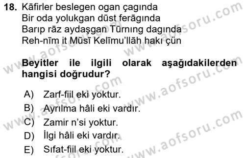 XVI-XIX. Yüzyıllar Türk Dili Dersi 2024 - 2025 Yılı (Final) Dönem Sonu Sınav Soruları 18. Soru