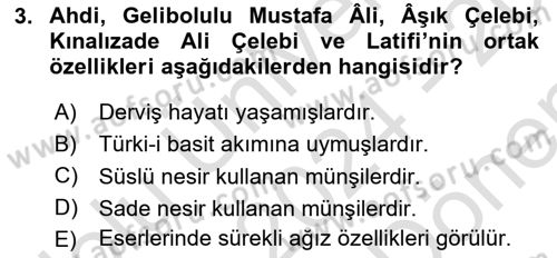 XVI-XIX. Yüzyıllar Türk Dili Dersi 2024 - 2025 Yılı (Final) Dönem Sonu Sınav Soruları 3. Soru