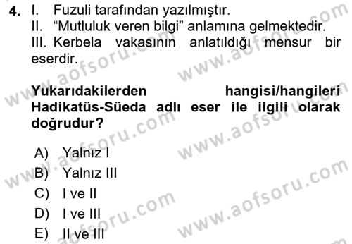 XVI-XIX. Yüzyıllar Türk Dili Dersi 2024 - 2025 Yılı (Final) Dönem Sonu Sınav Soruları 4. Soru