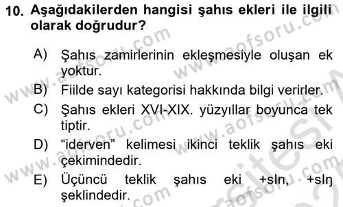 XVI-XIX. Yüzyıllar Türk Dili Dersi 2024 - 2025 Yılı Yaz Okulu Sınav Soruları 10. Soru
