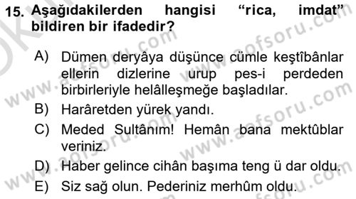 XVI-XIX. Yüzyıllar Türk Dili Dersi 2024 - 2025 Yılı Yaz Okulu Sınav Soruları 15. Soru