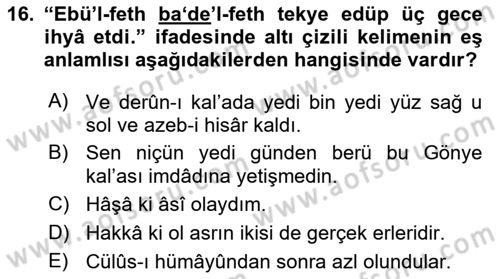 XVI-XIX. Yüzyıllar Türk Dili Dersi 2024 - 2025 Yılı Yaz Okulu Sınav Soruları 16. Soru