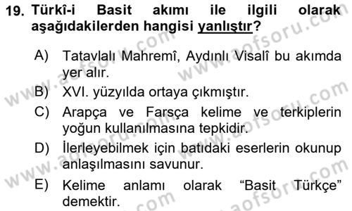XVI-XIX. Yüzyıllar Türk Dili Dersi 2024 - 2025 Yılı Yaz Okulu Sınav Soruları 19. Soru