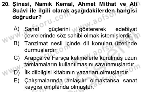 XVI-XIX. Yüzyıllar Türk Dili Dersi 2024 - 2025 Yılı Yaz Okulu Sınav Soruları 20. Soru