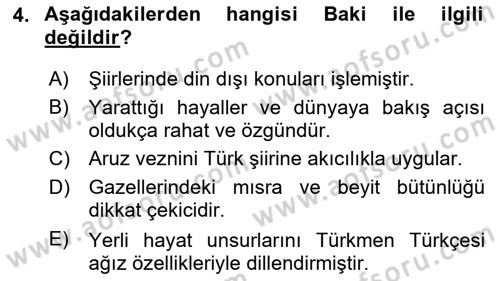 XVI-XIX. Yüzyıllar Türk Dili Dersi 2024 - 2025 Yılı Yaz Okulu Sınav Soruları 4. Soru