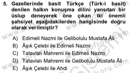 XVI-XIX. Yüzyıllar Türk Dili Dersi 2024 - 2025 Yılı Yaz Okulu Sınav Soruları 5. Soru