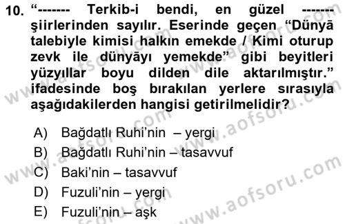 XVI-XIX. Yüzyıllar Türk Dili Dersi 2025 - 2026 Yılı (Vize) Ara Sınav Soruları 10. Soru