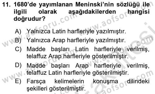 XVI-XIX. Yüzyıllar Türk Dili Dersi 2025 - 2026 Yılı (Vize) Ara Sınav Soruları 11. Soru