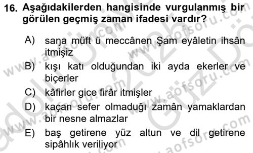 XVI-XIX. Yüzyıllar Türk Dili Dersi 2025 - 2026 Yılı (Vize) Ara Sınav Soruları 16. Soru
