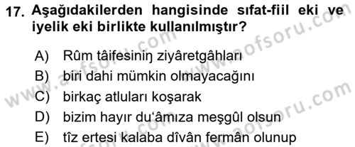 XVI-XIX. Yüzyıllar Türk Dili Dersi 2025 - 2026 Yılı (Vize) Ara Sınav Soruları 17. Soru