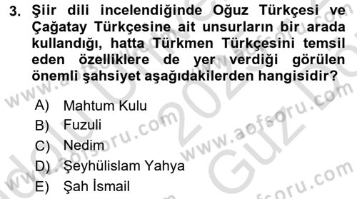 XVI-XIX. Yüzyıllar Türk Dili Dersi 2025 - 2026 Yılı (Vize) Ara Sınav Soruları 3. Soru