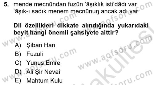 XVI-XIX. Yüzyıllar Türk Dili Dersi 2025 - 2026 Yılı (Vize) Ara Sınav Soruları 5. Soru