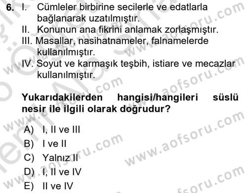 XVI-XIX. Yüzyıllar Türk Dili Dersi 2025 - 2026 Yılı (Vize) Ara Sınav Soruları 6. Soru