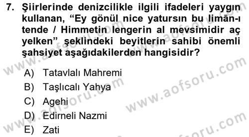 XVI-XIX. Yüzyıllar Türk Dili Dersi 2025 - 2026 Yılı (Vize) Ara Sınav Soruları 7. Soru