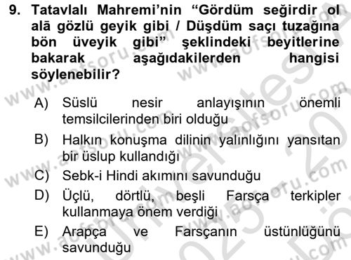 XVI-XIX. Yüzyıllar Türk Dili Dersi 2025 - 2026 Yılı (Vize) Ara Sınav Soruları 9. Soru