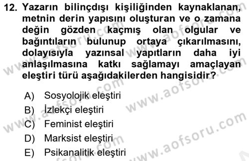 Eleştiri Kuramları Dersi 2015 - 2016 Yılı (Vize) Ara Sınav Soruları 12. Soru