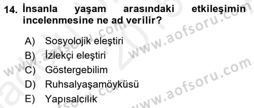 Eleştiri Kuramları Dersi 2015 - 2016 Yılı (Vize) Ara Sınav Soruları 14. Soru
