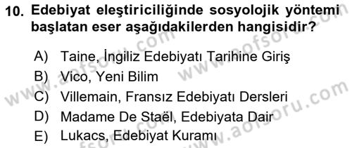 Eleştiri Kuramları Dersi 2015 - 2016 Yılı Tek Ders Sınav Soruları 10. Soru