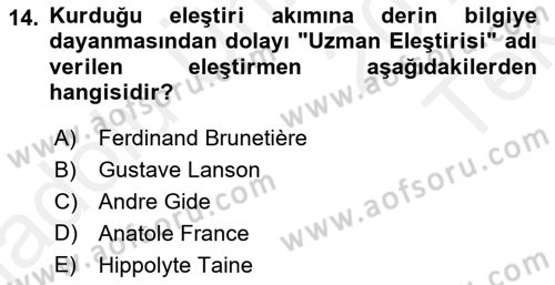 Eleştiri Kuramları Dersi 2015 - 2016 Yılı Tek Ders Sınav Soruları 14. Soru