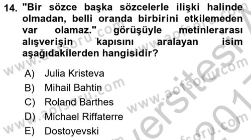 Eleştiri Kuramları Dersi 2016 - 2017 Yılı 3 Ders Sınav Soruları 14. Soru