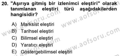 Eleştiri Kuramları Dersi 2016 - 2017 Yılı 3 Ders Sınav Soruları 20. Soru