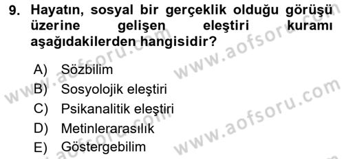 Eleştiri Kuramları Dersi 2016 - 2017 Yılı (Final) Dönem Sonu Sınav Soruları 9. Soru