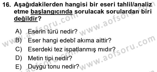 Eleştiri Kuramları Dersi 2017 - 2018 Yılı 3 Ders Sınav Soruları 16. Soru