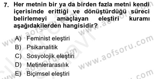 Eleştiri Kuramları Dersi 2017 - 2018 Yılı 3 Ders Sınav Soruları 7. Soru