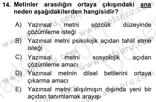 Eleştiri Kuramları Dersi 2017 - 2018 Yılı (Final) Dönem Sonu Sınav Soruları 14. Soru