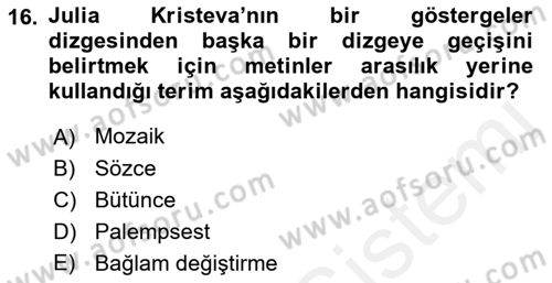 Eleştiri Kuramları Dersi 2017 - 2018 Yılı (Final) Dönem Sonu Sınav Soruları 16. Soru