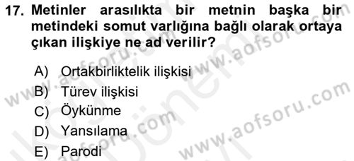 Eleştiri Kuramları Dersi 2017 - 2018 Yılı (Final) Dönem Sonu Sınav Soruları 17. Soru