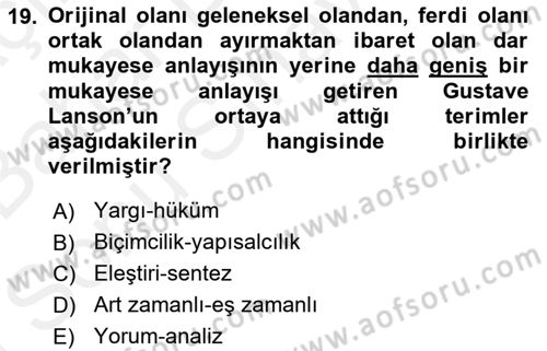 Eleştiri Kuramları Dersi 2018 - 2019 Yılı (Final) Dönem Sonu Sınav Soruları 19. Soru