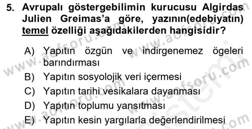 Eleştiri Kuramları Dersi 2018 - 2019 Yılı (Final) Dönem Sonu Sınav Soruları 5. Soru