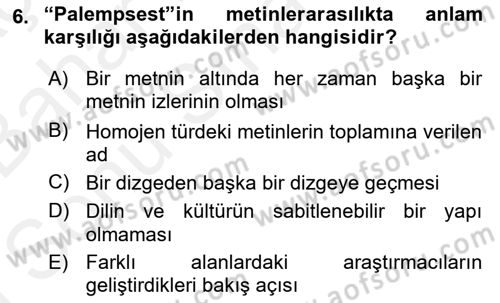 Eleştiri Kuramları Dersi 2018 - 2019 Yılı (Final) Dönem Sonu Sınav Soruları 6. Soru