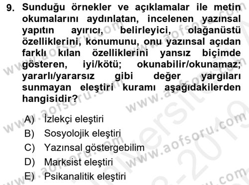 Eleştiri Kuramları Dersi 2018 - 2019 Yılı (Final) Dönem Sonu Sınav Soruları 9. Soru
