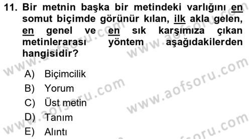 Eleştiri Kuramları Dersi 2020 - 2021 Yılı Yaz Okulu Sınav Soruları 11. Soru