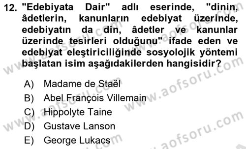 Eleştiri Kuramları Dersi 2020 - 2021 Yılı Yaz Okulu Sınav Soruları 12. Soru