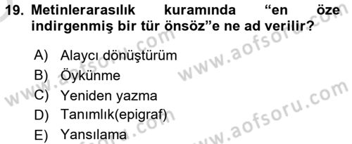 Eleştiri Kuramları Dersi 2020 - 2021 Yılı Yaz Okulu Sınav Soruları 19. Soru