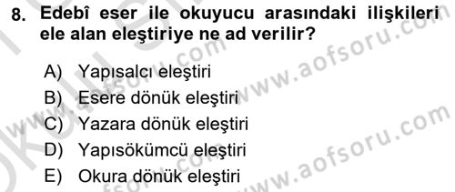 Eleştiri Kuramları Dersi 2020 - 2021 Yılı Yaz Okulu Sınav Soruları 8. Soru