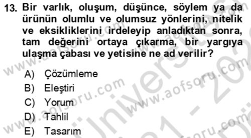 Eleştiri Kuramları Dersi 2021 - 2022 Yılı (Vize) Ara Sınav Soruları 13. Soru