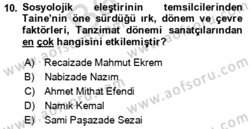 Eleştiri Kuramları Dersi 2021 - 2022 Yılı (Final) Dönem Sonu Sınav Soruları 10. Soru