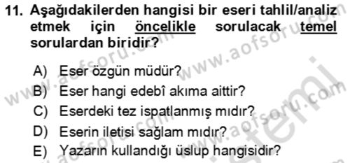 Eleştiri Kuramları Dersi 2021 - 2022 Yılı (Final) Dönem Sonu Sınav Soruları 11. Soru