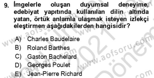 Eleştiri Kuramları Dersi 2021 - 2022 Yılı (Final) Dönem Sonu Sınav Soruları 9. Soru