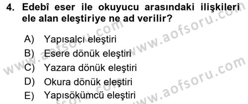 Eleştiri Kuramları Dersi 2022 - 2023 Yılı Yaz Okulu Sınav Soruları 4. Soru