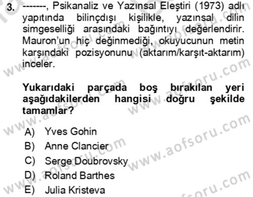 Eleştiri Kuramları Dersi 2023 - 2024 Yılı (Vize) Ara Sınav Soruları 3. Soru