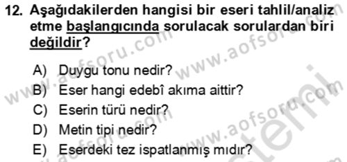 Eleştiri Kuramları Dersi 2023 - 2024 Yılı (Final) Dönem Sonu Sınav Soruları 12. Soru