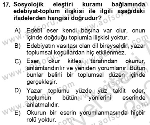 Eleştiri Kuramları Dersi 2023 - 2024 Yılı (Final) Dönem Sonu Sınav Soruları 17. Soru