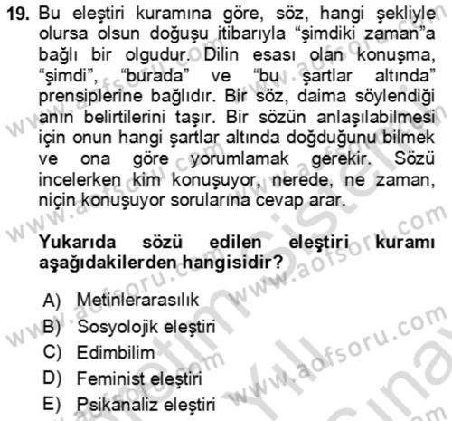 Eleştiri Kuramları Dersi 2023 - 2024 Yılı (Final) Dönem Sonu Sınav Soruları 19. Soru